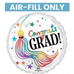 Round foil balloon reading "Congrats Grad!" with rainbow tassel design