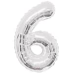 Silver foil balloon shaped like the number 6