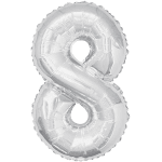 Silver foil balloon shaped like the number 8