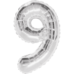 Silver foil balloon shaped like the number 9