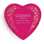 Heart-shaped Godiva chocolate box in pink with gold heart accents