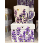 White mug and matching box with purple flowers and bees