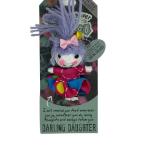 Small colorful yarn doll keychain labeled Darling Daughter on a printed backing card