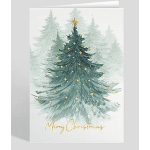 Christmas card with a watercolor evergreen tree and gold "Merry Christmas" text