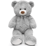 Gray teddy bear with a ribbon bow on a white background