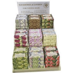 Display of assorted floral soap bars in patterned boxes