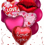 Heart-shaped love-themed balloons in red, pink, and white