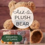Assorted plush teddy bears in tan and gray, labeled 13 inches large.