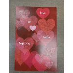 Valentine card with glitter hearts and words like love, fun, hugs, and wishes