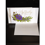 Sympathy card with purple flowers and gold lettering