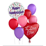 Anniversary and love-themed balloons in red, pink, and purple
