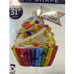 Rainbow cupcake-shaped birthday balloon with a "Happy Birthday" topper
