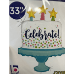 Birthday cake-shaped balloon with "Celebrate!" text and stars