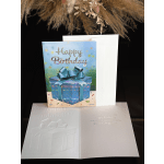 Birthday card with a blue gift box and matching envelope