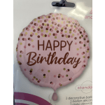 Pink birthday balloon with confetti dots and "Happy Birthday" text