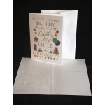 Birthday greeting card with colorful balloons, gifts, and stars
