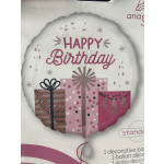 Round birthday balloon with gift box graphics and pink lettering