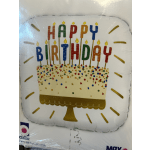 Birthday cake-shaped balloon with colorful candles and confetti