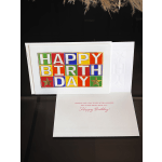 Birthday greeting card with colorful block letters and a printed message inside