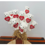 Bouquet of white teddy bears holding red heart signs