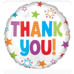 Round foil balloon with colorful "THANK YOU!" text and stars
