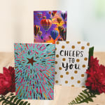 Three greeting cards with red flowers at the bottom corners