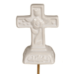 White cross-shaped memorial pick with embossed floral details