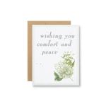 Sympathy card with white flowers and the words wishing you comfort and peace