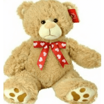 Plush teddy bear with a red heart-pattern ribbon bow