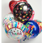 Cluster of colorful foil balloons with thank-you and congratulations messages