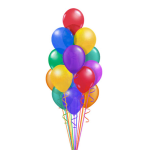 Cluster of colorful balloons with curling ribbons