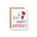 Birthday card with red floral illustration and "Happy Birthday" text