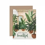 Birthday card with potted plants and the words "Happy Birthday beautiful"