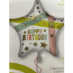Star-shaped birthday balloon with multicolor lettering and gold stars
