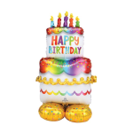 Stacked birthday balloons shaped like a cake with colorful candles