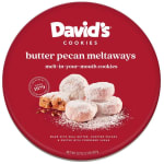 Round red tin of David's Cookies butter pecan meltaways