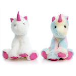 Two plush unicorn toys, one white and one pastel multicolor, with pink horns