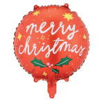 Red Christmas balloon with "merry christmas" text and holly graphic