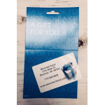 Blue floral gift card package with a small address card attached
