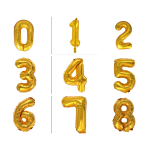 Set of shiny gold number-shaped balloons from 0 to 8 on a white background