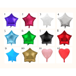 Assorted foil star and heart balloons in various colors arranged in a numbered grid
