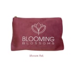 Pink zippered pouch with Blooming Blossoms logo