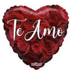 Heart-shaped balloon printed with red roses and the words "Te Amo"