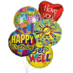 Cluster of colorful birthday and baby-themed balloons