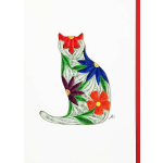 Quilled cat artwork with colorful flower shapes on a white background