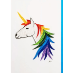 Paper quilled unicorn head with a rainbow mane on a white background