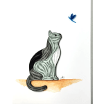 Illustration of a black-and-white cat sitting under a blue butterfly