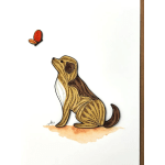 Quilled paper dog illustration with a small butterfly above it