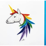 Quilled paper unicorn head with a rainbow mane on a white background