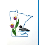 Quilled flowers and a duck inside the outline of Minnesota